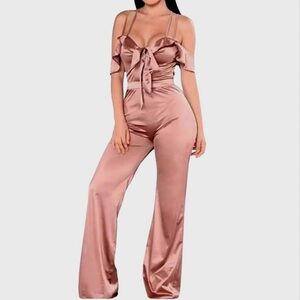 ✨ Fashion Nova Satin Mauve Jumpsuit – Off Shoulder | Silk Look | Party